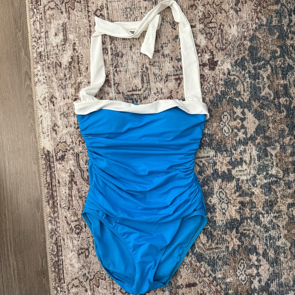 Ralph Lauren Blue One-Piece Swimsuit with White Halter Trim